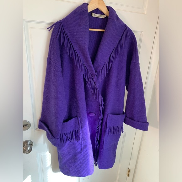 Vintage 80s 90s Gallery 100% Wool Purple Oversized Fringe Blanket Coat M - Picture 4 of 14